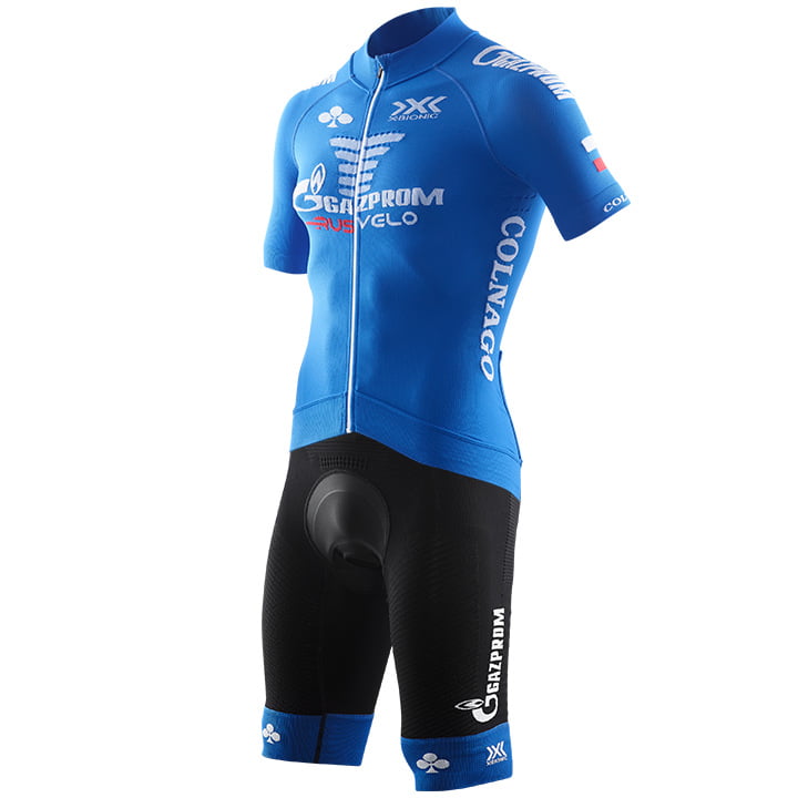 GAZPROM - RUSVELO 2018 Set (fietsshirt + fietsbroek), voor heren, Fietskleding