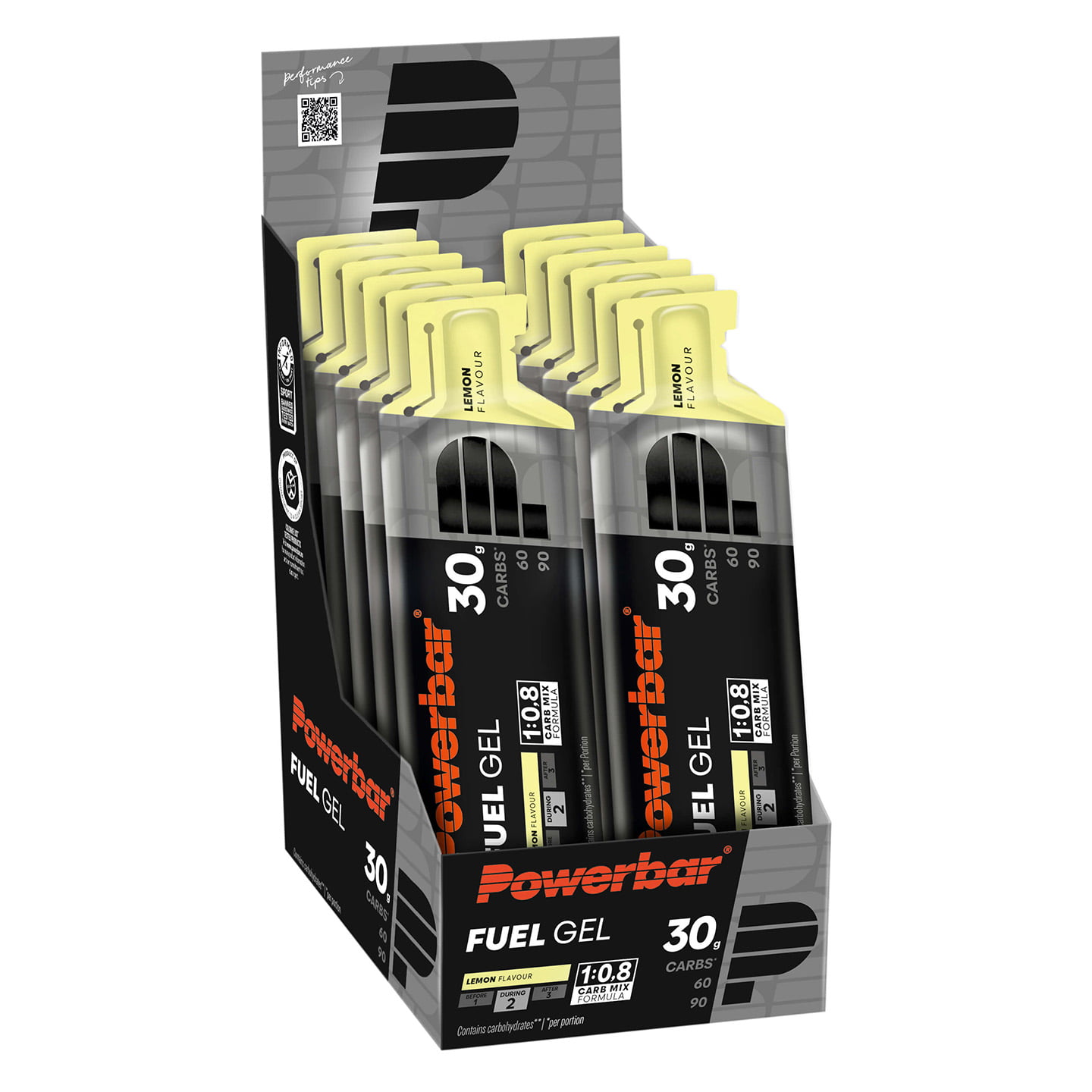 POWERBAR Fuel Gel 30 Citroen + Cafeïne 12 stuks., Sportgel, Prestatievoeding